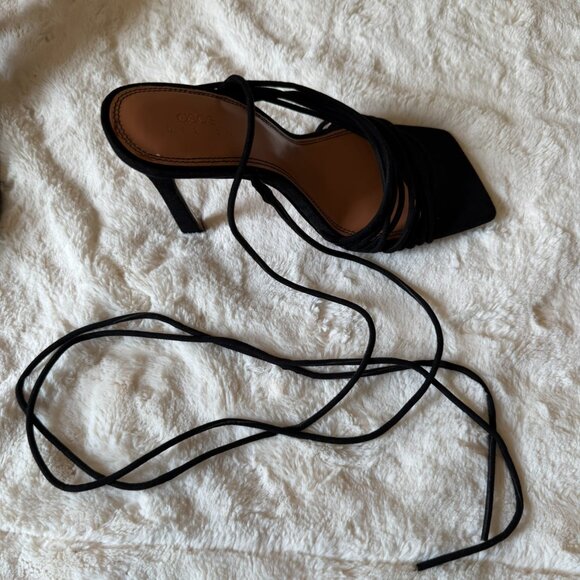 Black Strappy Lace Up Tie Wide Fit Heels - Picture 5 of 9